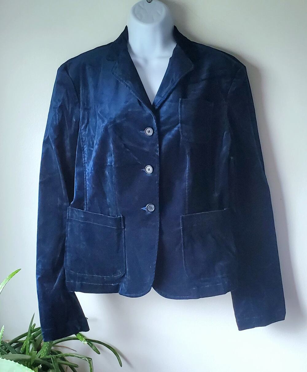 Lands End Blue Long Sleeve Velvet Blazer Womens Size 12 Preppy Minimalist Boho